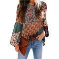 Women's Chiffon Boho Print Puff Sleeve Shirt