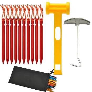 Complete Set of Polar Everest Aluminium Tent Stakes, Pegs, and Camping Accessories: Including 6-10 Pack Hammer, Nail Puller, Trigone Ground Nails Kit for Outdoor Expeditions