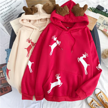 Merry Christmas gift Snow deer print Harajuku hoodie women winter jacket Red Kawaii sweatshirt Korean style Pullovers clothes