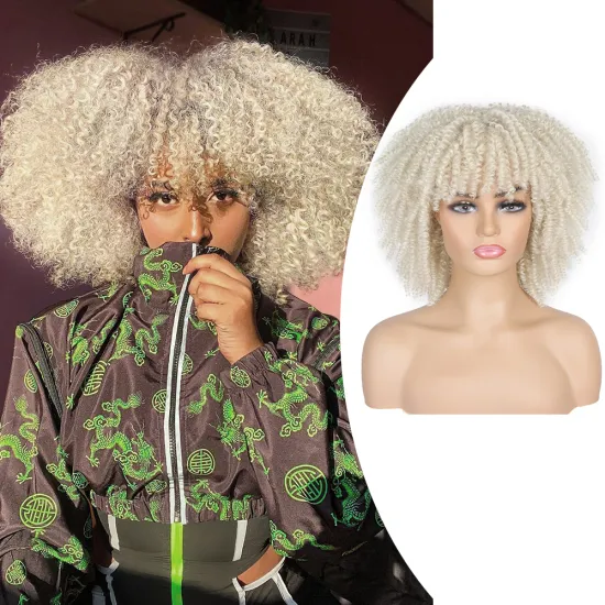 14inch Short Afro Bomb Curly Wig With Bangs for Black Women Fashion Ombre Brown Short Kinky Curly Wig