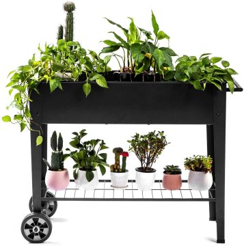 Black Outdoor Metal Raised Garden Planter Box with Legs and Wheels for Apartments