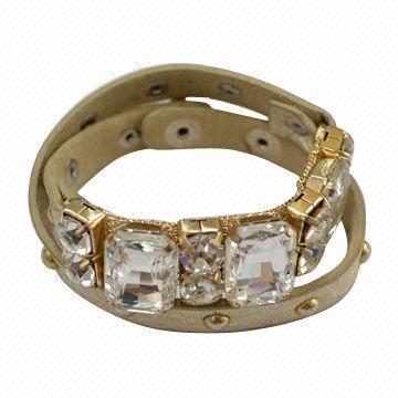 Shinning rhinestone/with golden PU leather chic wholesale bracelets, OEM/ODM orders are welcome