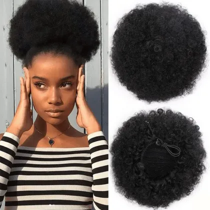 Wholesale Kinky Curly Clip afro hair bun Synthetic Hair pieces Chignon Fluffy Wig Synthetic Afro Curly Puff Hair Buns