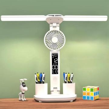 CSX Dual Head LED Desk Lamp with Calendar, Clock, and Fan - Touch Control Table Lamp with Pen Holder