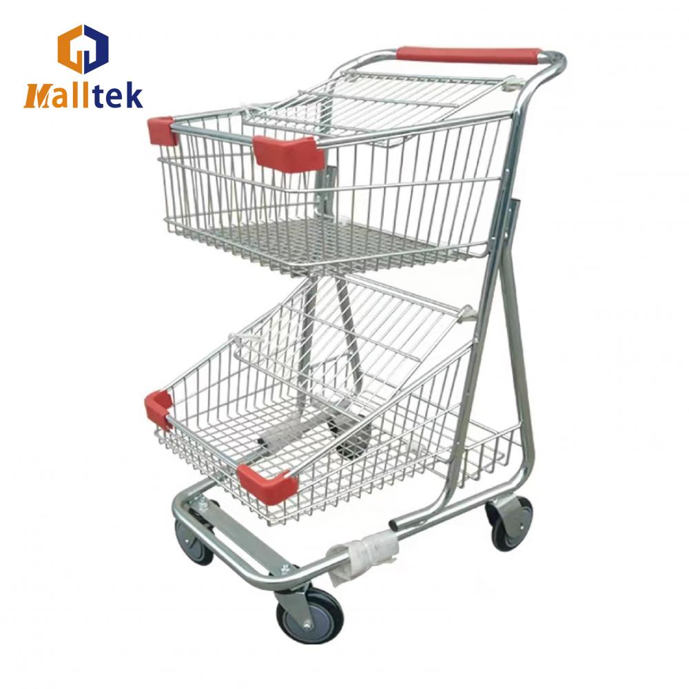 Store Two Layers Metal Shopping Basket Trolley