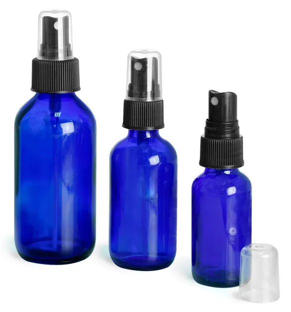 Blue Glass Boston Bottles w/ Fine Mist Sprayers