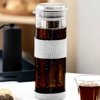 Cold Brew Coffee Maker: High Borosilicate Glass Jug with Mesh & Stainless Steel Filters, Non-Slip Silicone Sleeve