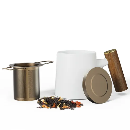 Matte Black Luxury Gift Cup with Wooden Handle and 304 Stainless Steel Infuser Basket