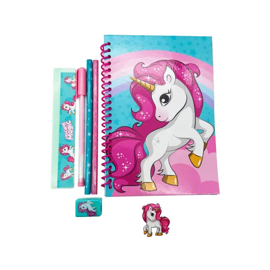 Pink Fountain Gel Pen Notebook Set with Unicorn Design for Girls
