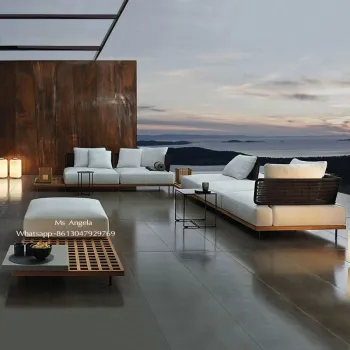 Luxury Scandinavian Teak Wood L-Shaped Rattan Sofa Set with Waterproof Fabric for Outdoor