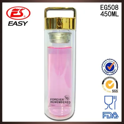 EG310 Transparent stainless steel lid glass double insulation tea bottle with sleeve
