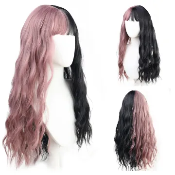 Highlight Wig Ombre Half powder and half brown Wigs with Bangs Long Water Wave Cosplay Party Daily Synthetic Wigs for Women Afro