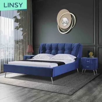 Linsy Wholesale Cama Nordic Modern Double King Size Blue Velvet Button Tufted Bed K318