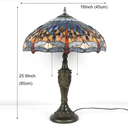 LongHuiJing Brand 18 Inch Antique Vintage Dragonfly Stained Glass Lampshade Desk Light