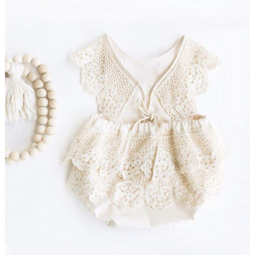 Baby Girls Fly Sleeve Solid Cotton Lace Bodysuits Hollow Out Sleeveless Playsuits Girls Jumpsuits Baby Sunsuits for 0-24M