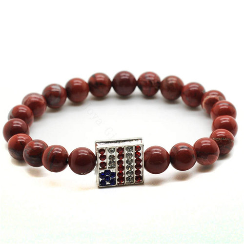 Red Jasper 8MM Round Beads Stretch Gemstone Bracelet with Diamante USA Flag Piece