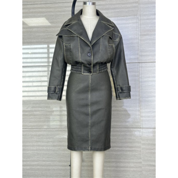 Chaqueta de motor PU lavada y vestido para mujeres