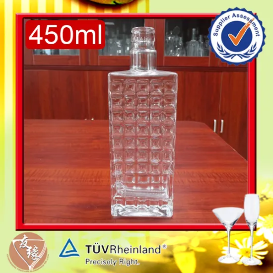 Empty vodka 450ml 16oz embossed flat square diamond glass bottle for liquor