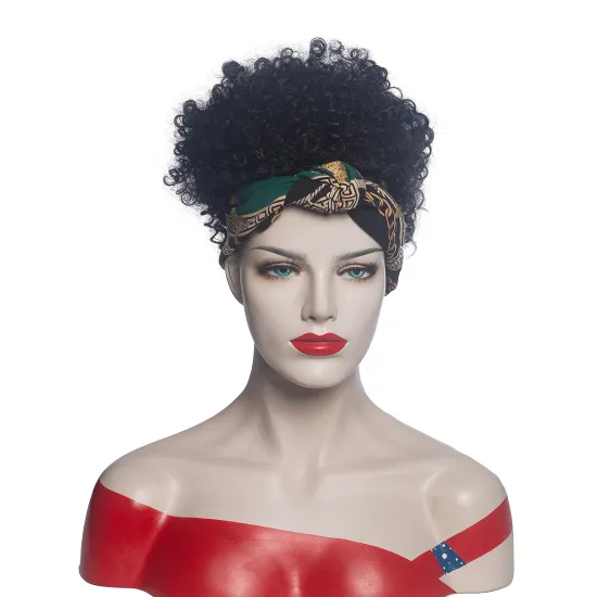 Hot Selling Short Black Deep Curly Synthetic Headband Wigs with Afro Turban synthetic Wig 2 in 1 Wigs for Women