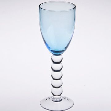Hand blown wine glass with blue colored stem