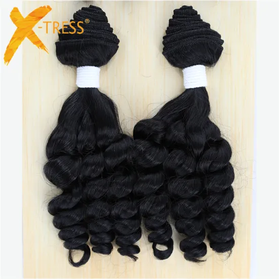 X-TRESS Ombre Brown Color Short Heat Resistant Fiber Hair Weft Extension 16-18inches Funmi Curly Synthetic Hair Weaves 4 Bundles