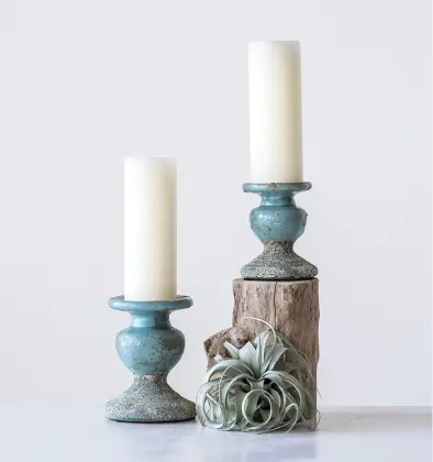 Small Distressed Blue Terracotta Pillar Candle Holder