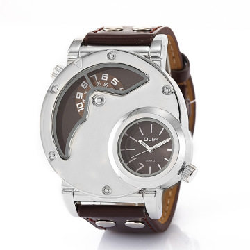 Big Size Dual Time Men's Watch with PU Leather Band - Fashion Quartz Wristwatch OULM 9591