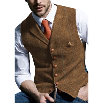 Mens Suit Vest Notched Plaid Wool Herringbone Tweed Waistcoat Casual Formal Business Groomman For Wedding Green/Brown/Green/Grey