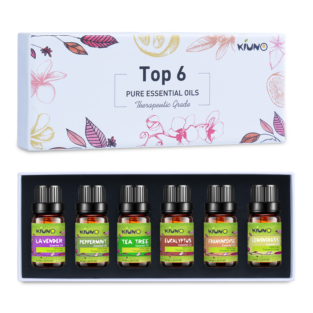 KIUNO 6pcs/8pcs Pure Essential Oil Gift Box Set Aroma Oil 10ML Essential Oils Kit Lavender Mint Lemongrass Tea Tree Frankincense