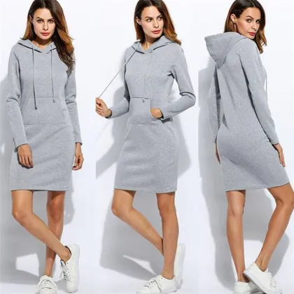 100% Polyester Women's Slim Fit Hooded Sweatshirt Dress
