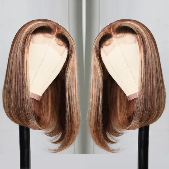 Cheap Hightlight Piano Color Blunt Cut Double Drawn Wig, Bone Straight 4/27 Raw Brazilian Human Hair Lace Front Bob Wig