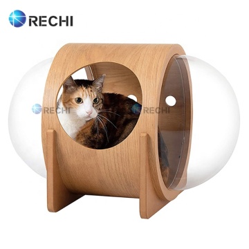 Custom Pet Furniture: Wooden Spaceship Cat Bed and Transparent Acrylic UFO Dog Nest Bed - Semi-Enclosed Space Capsule Style for Pets