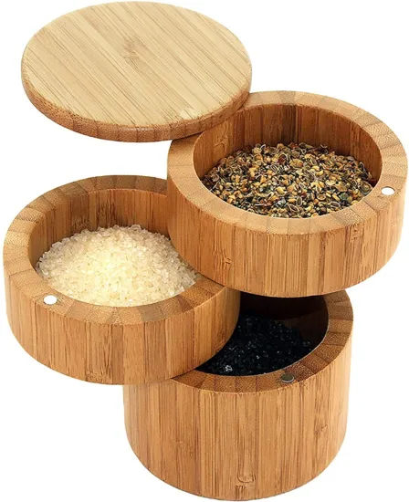 Bamboo Round Salt Box with Magnet for Kitchen Storage