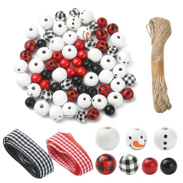DIY Christmas Snowman Pendant Decoration Kit: Natural Wood Beads, Jute String & Polyester Ribbon