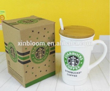creative big capacity starbuck doule line relief ceramic mug with wooden lid and spoon, promotional gift office water cup
