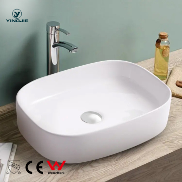 Glossy White Rectangular Shallow Ceramic Wash Basin for Bathroom Countertops