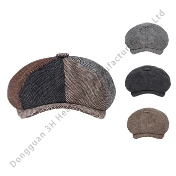 Custom Wholesale Classic Unisex Octagonal Retro Tweed Newsboy Hats & Winter Beret Caps