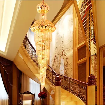 Grand Living Room Design: Empire Style Luxury Gold Crystal Chandelier in Large Villa Hotel with Long Staircase