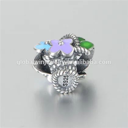 Elegant Flower Basket Sterling Silver Charm Enamel Bracelet Charm