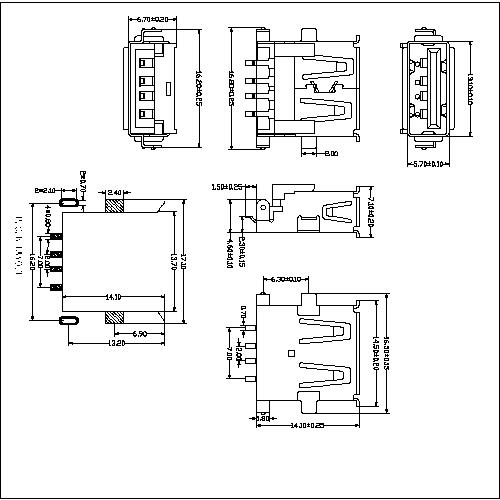 UAFM04 (4) USB A FEMALE SINK WITH SMT TYPE, OFFSET 2.3MM 