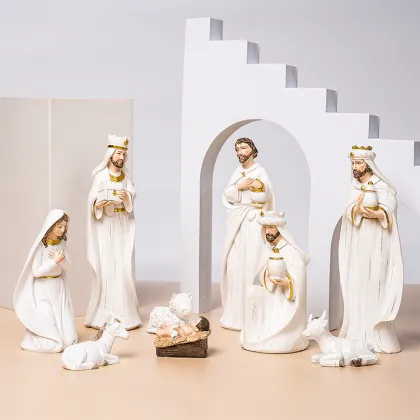 Handcrafted Home Christmas Manger Set: Statue of Jesus, St. Joseph, and Church Decorations in Resin Material