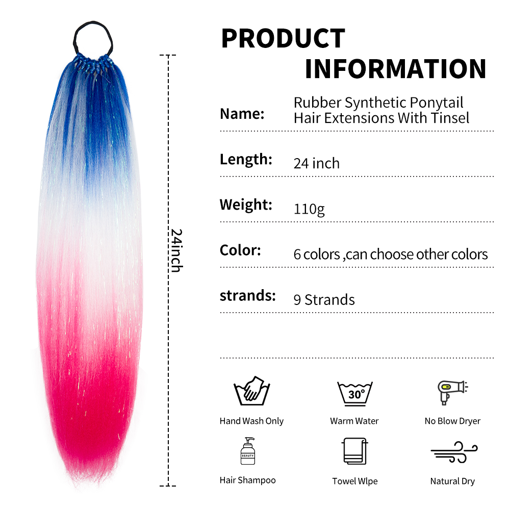 Alileader 110g Multi Colors Highlight Silk Hair Tinsel Straight Kids Ponytail Braids Extension With Elastic Rubber Band