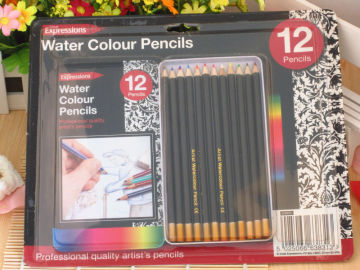 round Water Color pencils in metallic box with blister pack / 12 pc water color pencil with gold color cap dip / color pencil