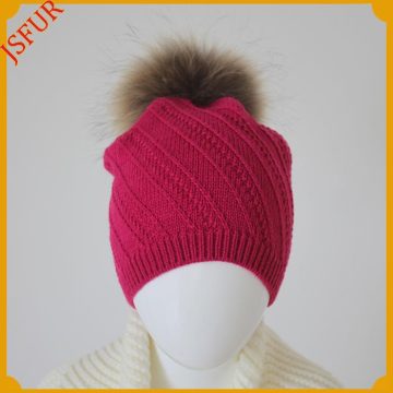 Customized colour and pompom genuine raccoon fur ball crochet hat
