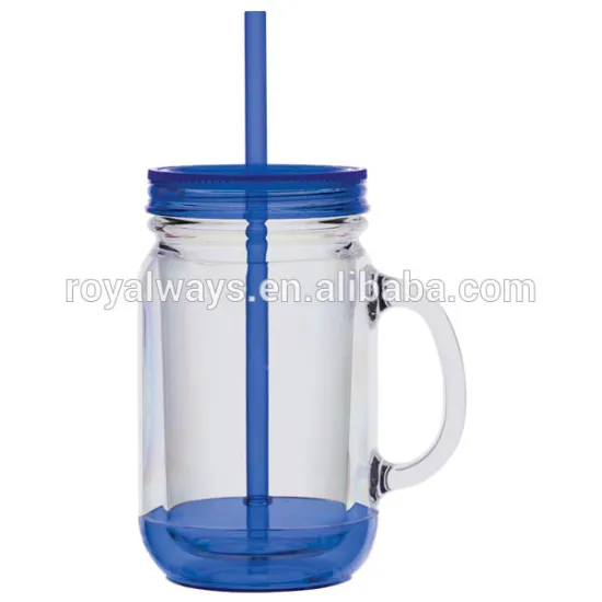 18oz double wall insulated plastic mason jar shot glass mug with straw