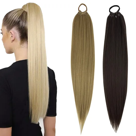24-26 inch Blonde Synthetic Ponytail Extensions with Elastic: Feel the Handcrafted Quality of these Human Hair-Simulating Ponytails