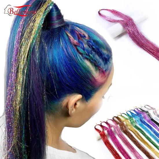 Hot sell colorful bright laser flashing braid one piece clip on hair extension DIY christmas decoration Accessories
