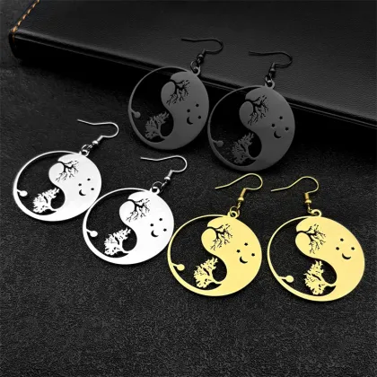 Tai Chi Tree of Life Star Moon Pendant Earrings - Stainless Steel Silver Jewelry Gifts for Men and Women