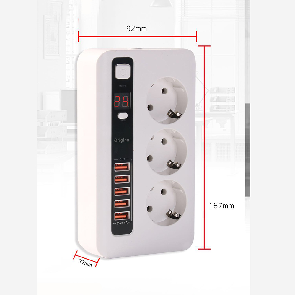 Power Strip Surge Protector 3 EU Plug Outlets Electric Socket with USB 5 Ports Charger Adapter Dock 5V 3.4A 2m Extension Cord