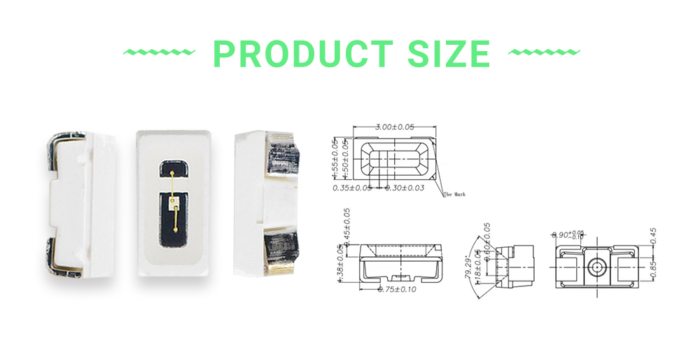 Size of 3015LGC53D7L12 Super Bright Green 530nm LED Emitters Side Emitting LED 3014 SMD LED